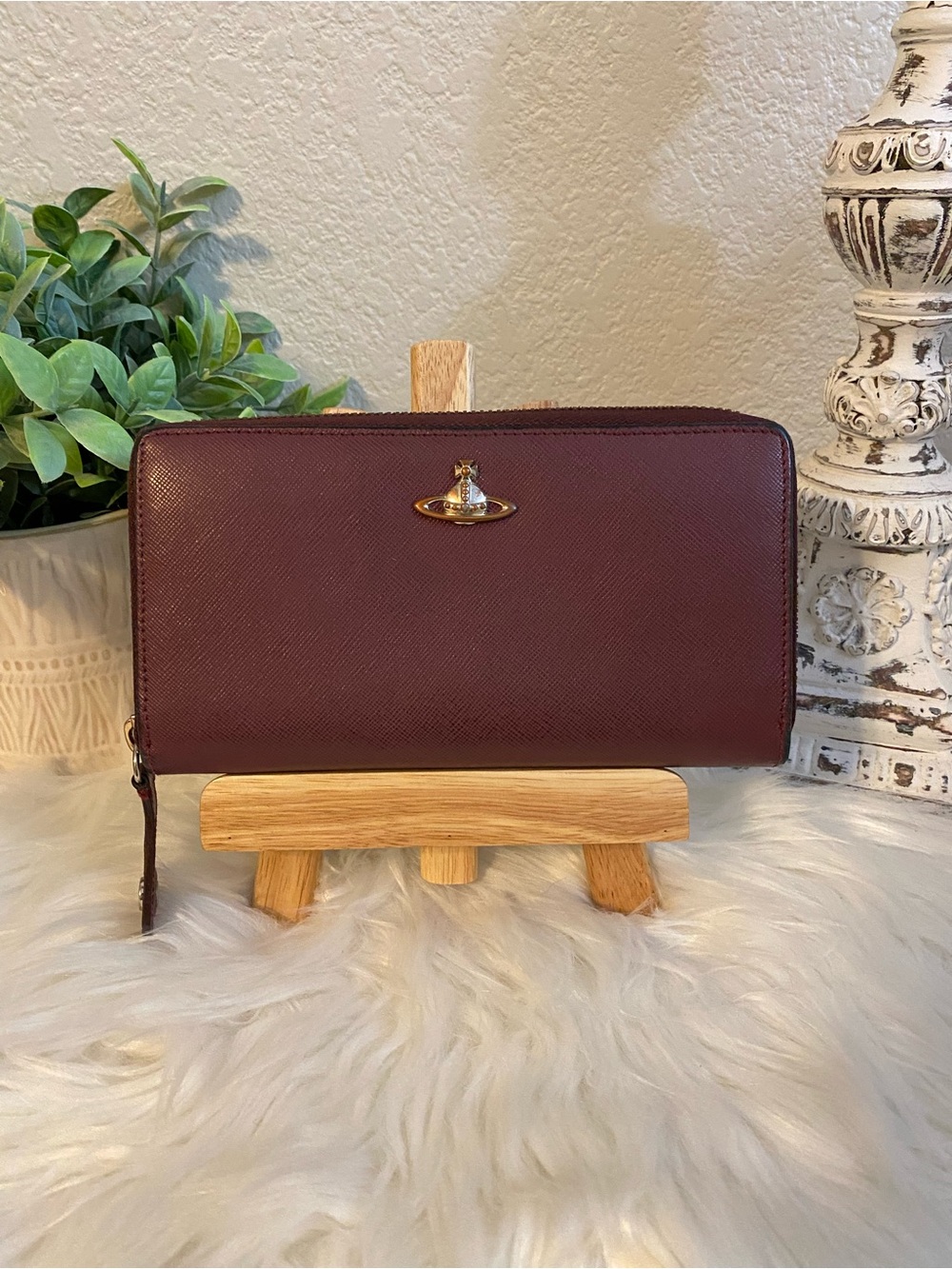 Vivienne Westwood Burgundy Zip-Around Leather Wallet with Iconic Orb
